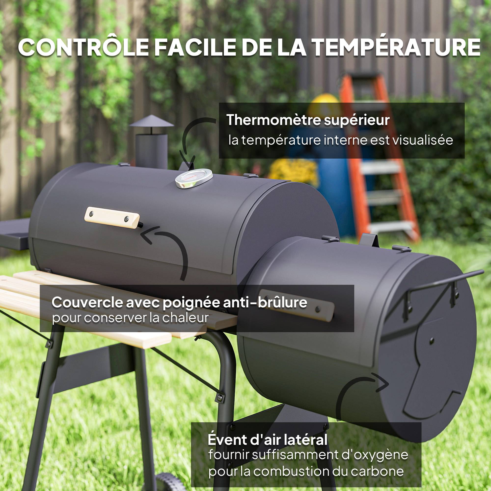 Barbecue à charbon fumoir acier jardin terrasse cuisson grillade et fumage noir 124 cm - ComfortXL Outdoor Living - Image 8