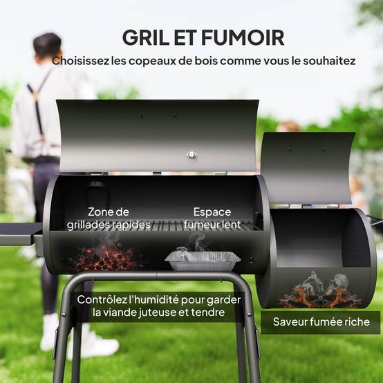 Barbecue à charbon fumoir acier jardin terrasse cuisson grillade et fumage noir 124 cm - ComfortXL Outdoor Living - Image 6