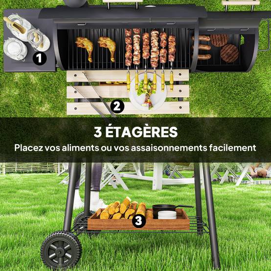 Barbecue à charbon fumoir acier jardin terrasse cuisson grillade et fumage noir 124 cm - ComfortXL Outdoor Living - Image 9