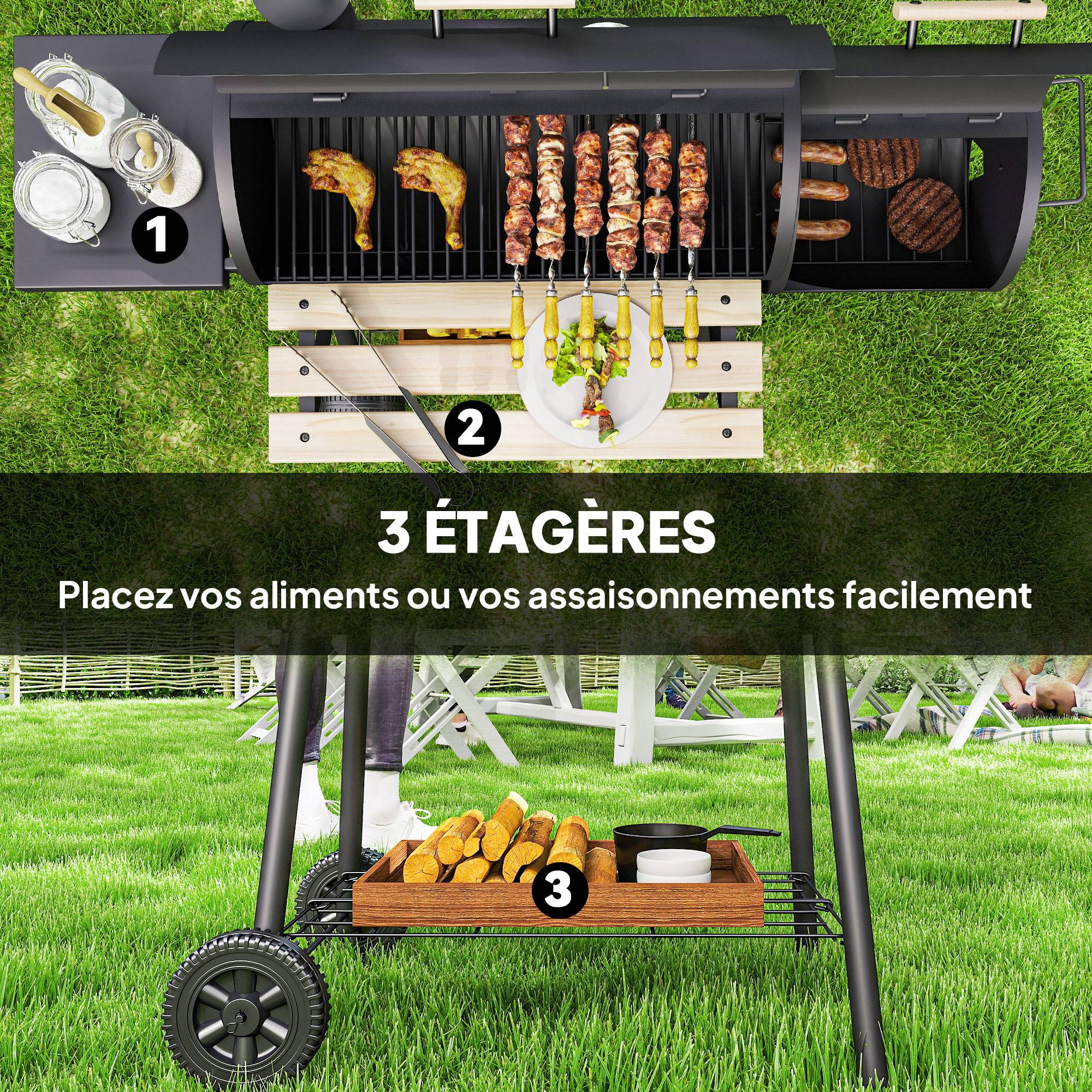 Barbecue à charbon fumoir acier jardin terrasse cuisson grillade et fumage noir 124 cm - ComfortXL Outdoor Living - Image 9