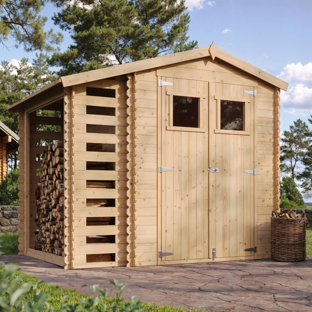 Timbela - Abri de jardin en bois et range bûches extérieur I206xL272xH218 cm/ 3,53+0,97 m² - 19 mm d’épaisseur - Timbela M386 - Image 1