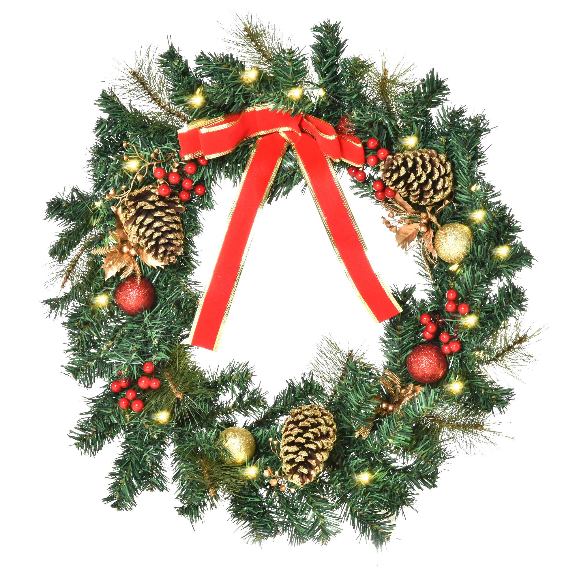 Couronne de Noël artificielle lumineuse avec 20 LED de 60 cm - décorée de houx et de pommes de pin - Image 2