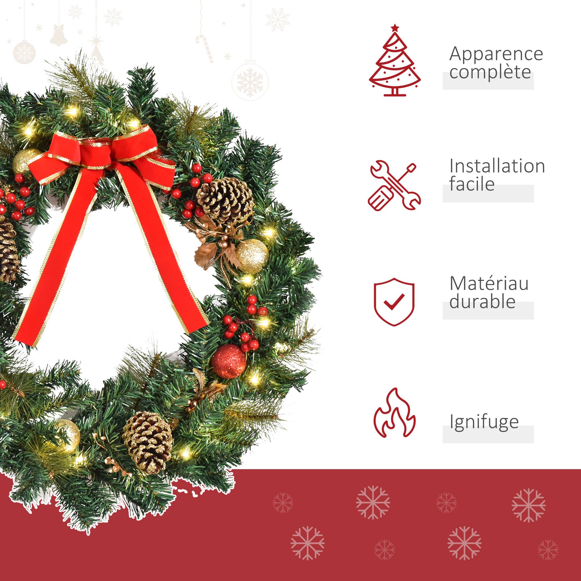 Couronne de Noël artificielle lumineuse avec 20 LED de 60 cm - décorée de houx et de pommes de pin - Image 6