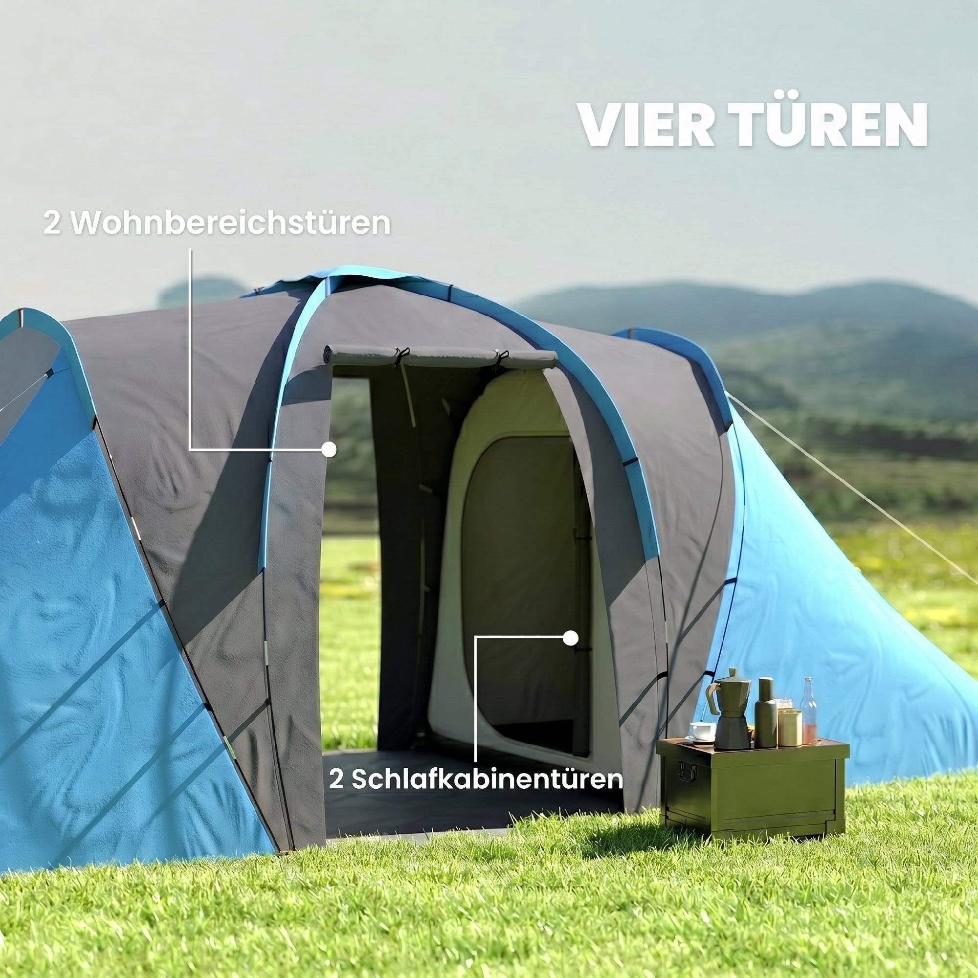 Sans Marque - Tente tunnel, 2000mm déperlant, 4 pers., 2 chambres, salon, sac, gris+bleu - Image 7