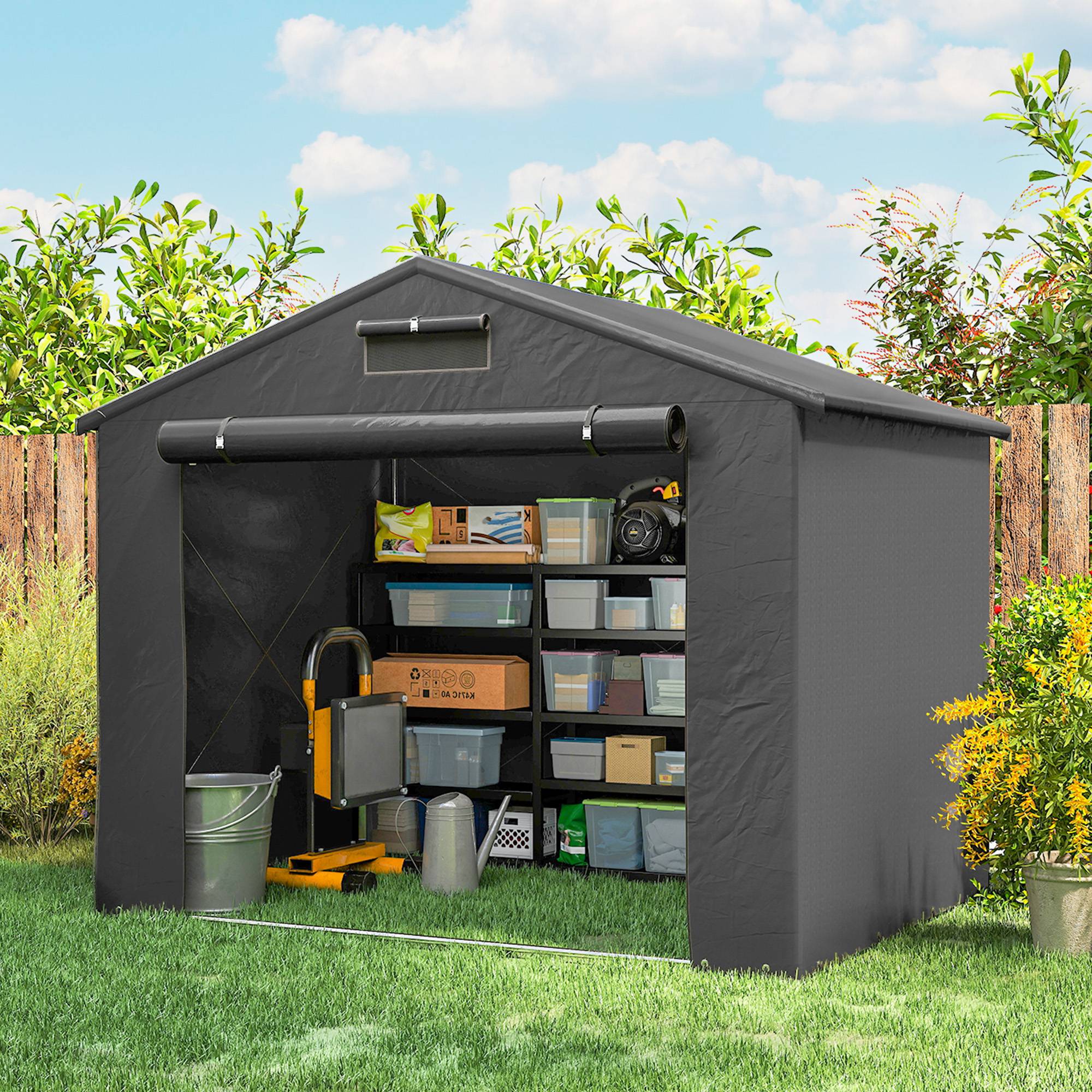 Abri tente garage 2,5x1,8m étanche, porte zip enroulable, fenêtres d'aération, gris foncé - Image 4