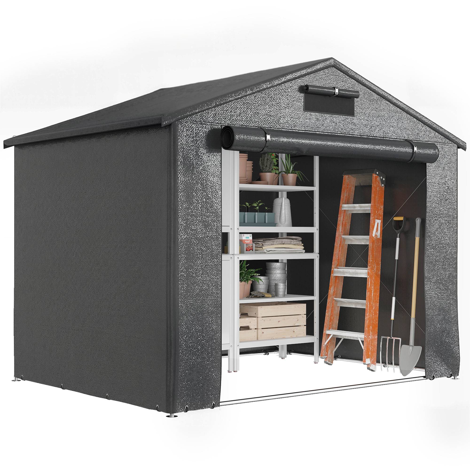 Abri tente garage 2,5x1,8m étanche, porte zip enroulable, fenêtres d'aération, gris foncé