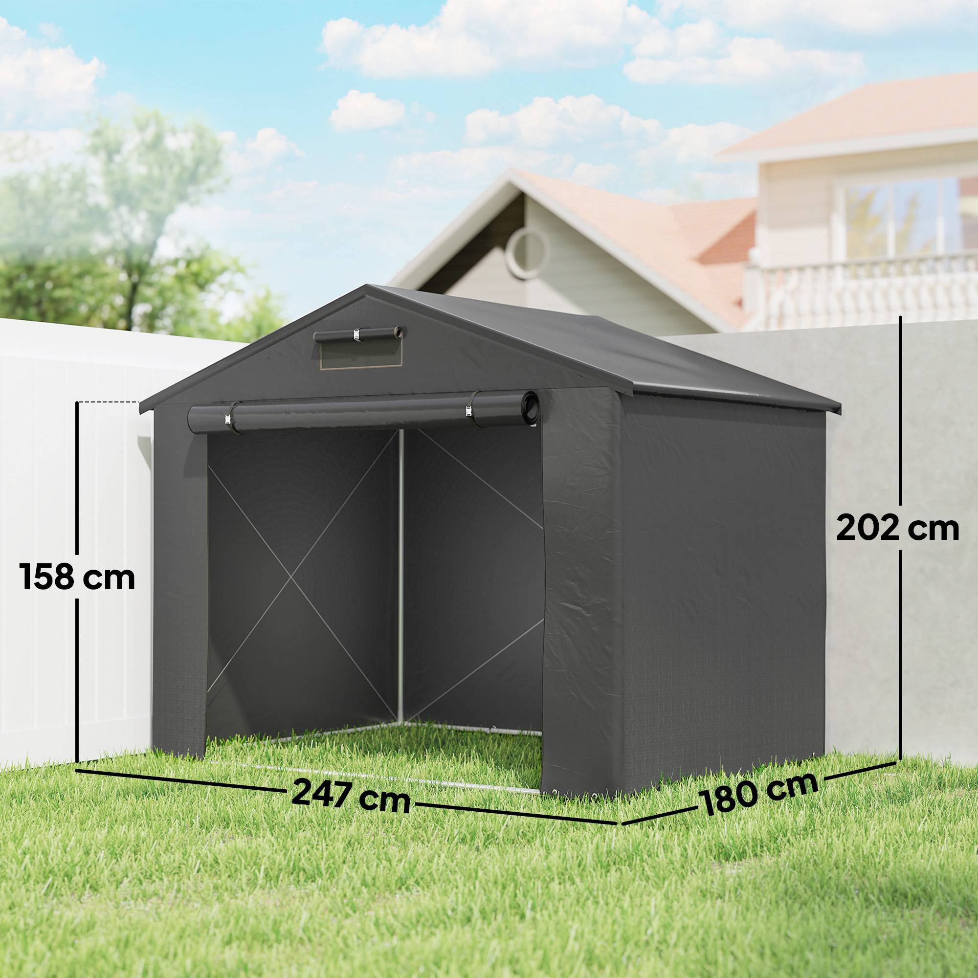 Abri tente garage 2,5x1,8m étanche, porte zip enroulable, fenêtres d'aération, gris foncé - Image 5