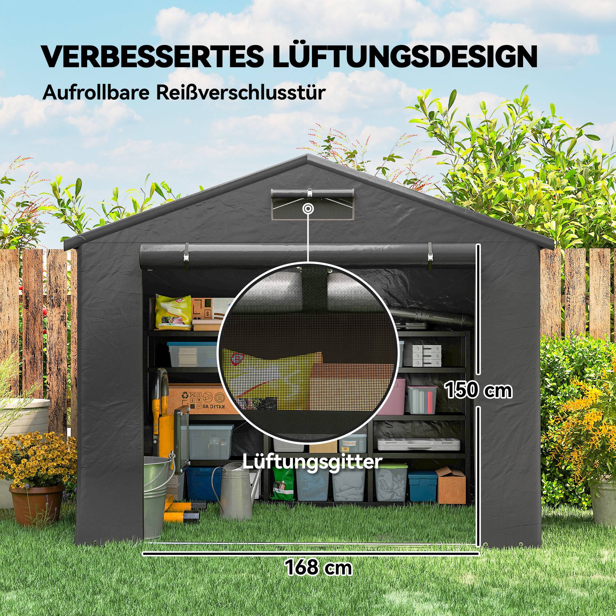 Abri tente garage 2,5x1,8m étanche, porte zip enroulable, fenêtres d'aération, gris foncé - Image 8