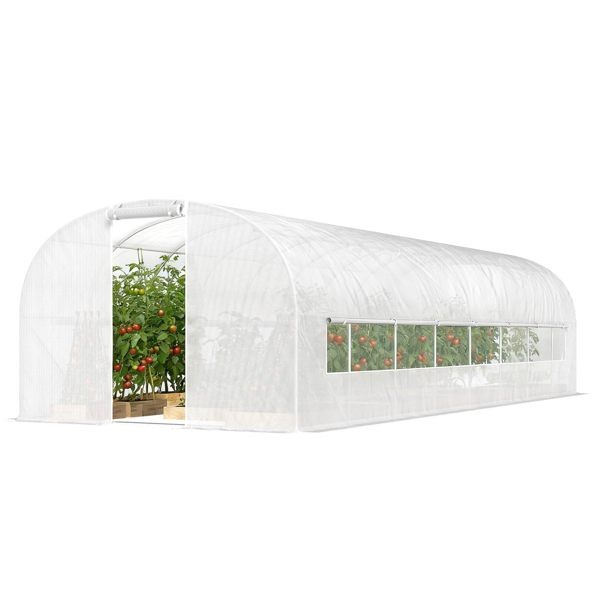 Serre tunnel de jardin 24m², serre de jardin tunnel avec cadre en acier galvanisé, portes et 2 grandes fenêtres, blanc - Image 2