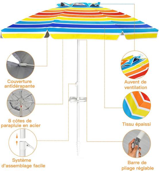 AMMSUN Parasol de plage de 2 m avec ancre de sable inclinable et AMMSUN Parasol de plage de 2 m avec ancre de sable inclinable et
