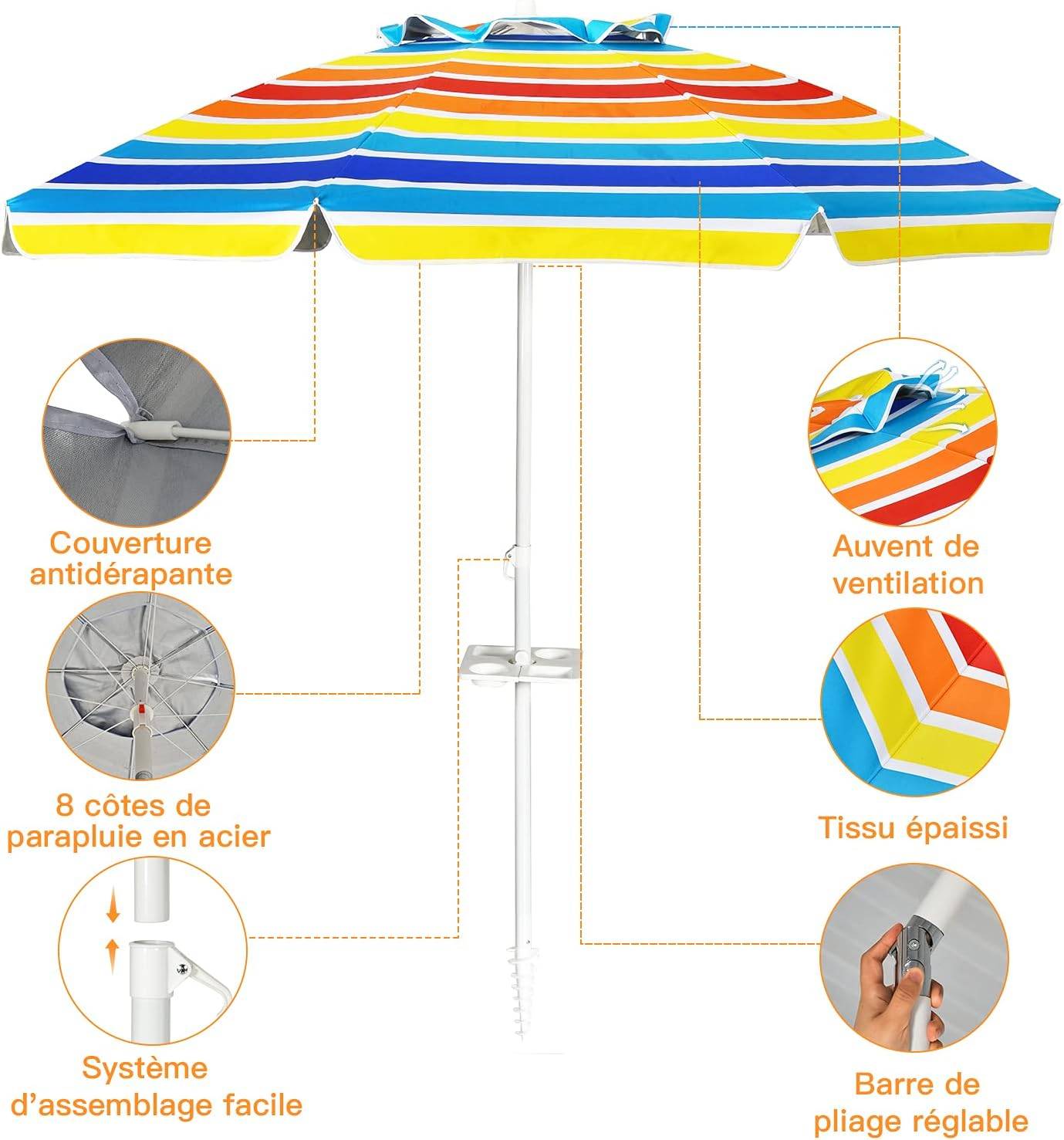 AMMSUN Parasol de plage de 2 m avec ancre de sable inclinable et