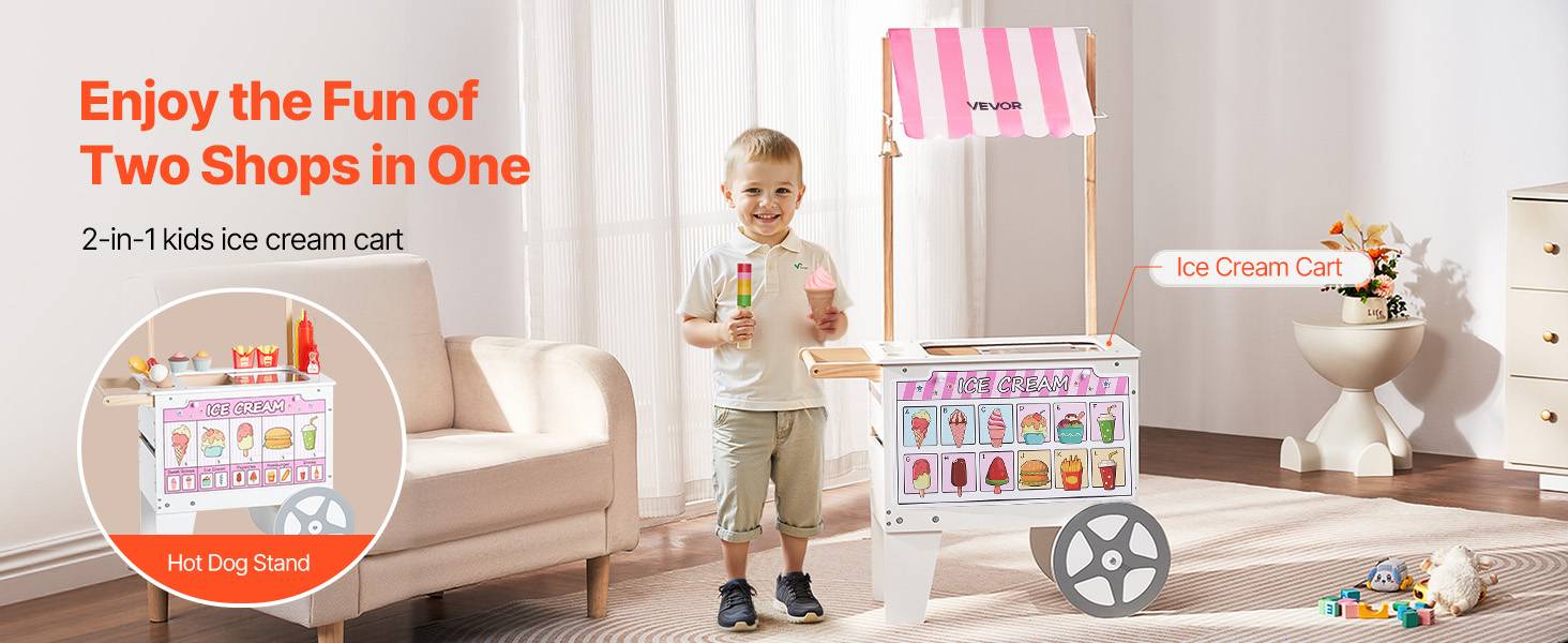 Vevor - VEVOR Chariot à glaces transformable en stand de hot-dogs, bois MDF, 25 accessoires, rangement intégré, 3-7 ans. - Image 9