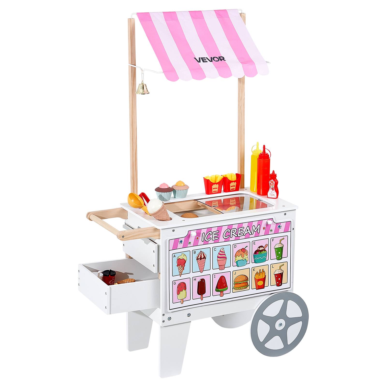 Vevor - VEVOR Chariot à glaces transformable en stand de hot-dogs, bois MDF, 25 accessoires, rangement intégré, 3-7 ans. - Image 1