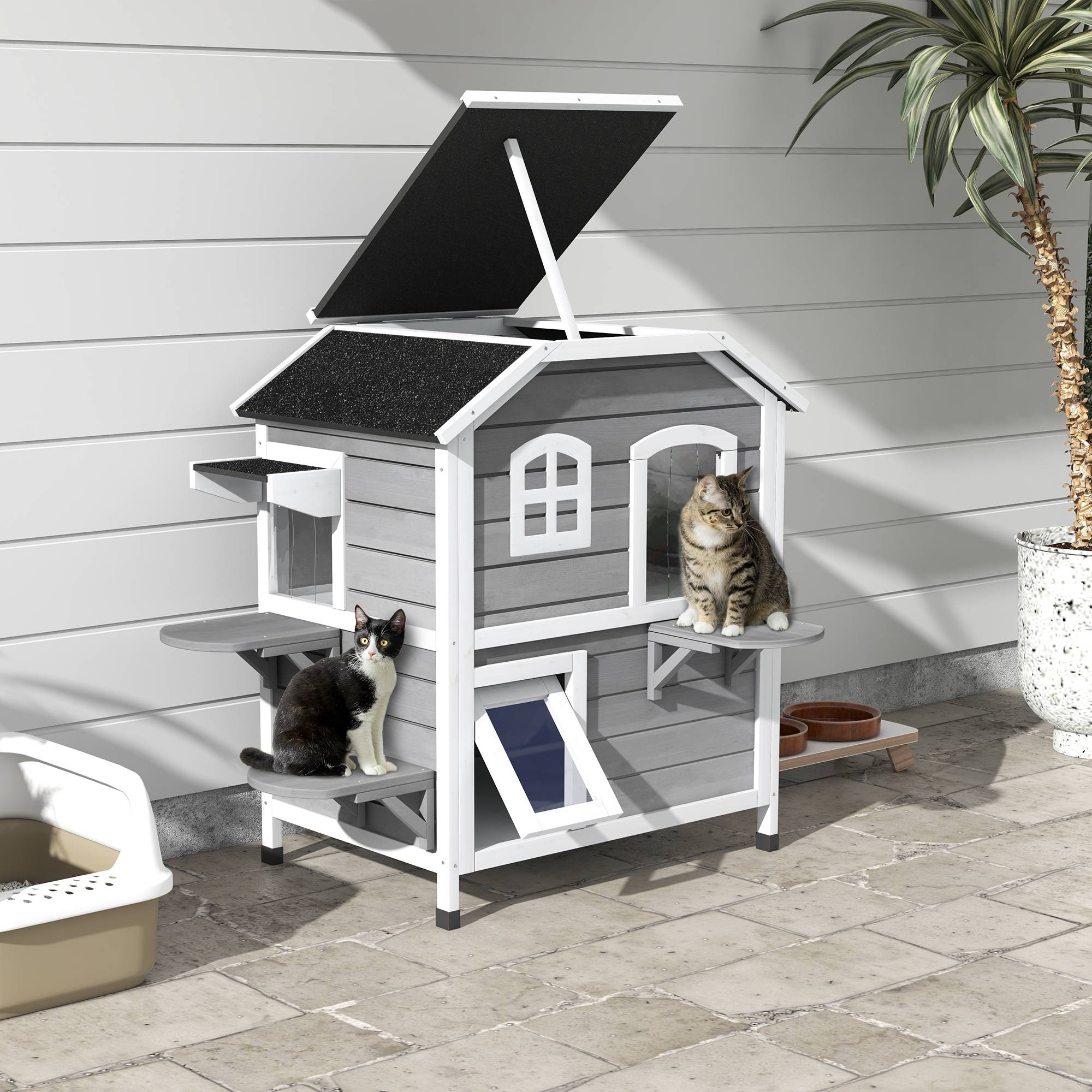 Sans Marque - Niche extérieure pour chat avec toit ouvrant, 2 niveaux, 4 entrées, base surélevée, en bois de sapin, grise - Image 3