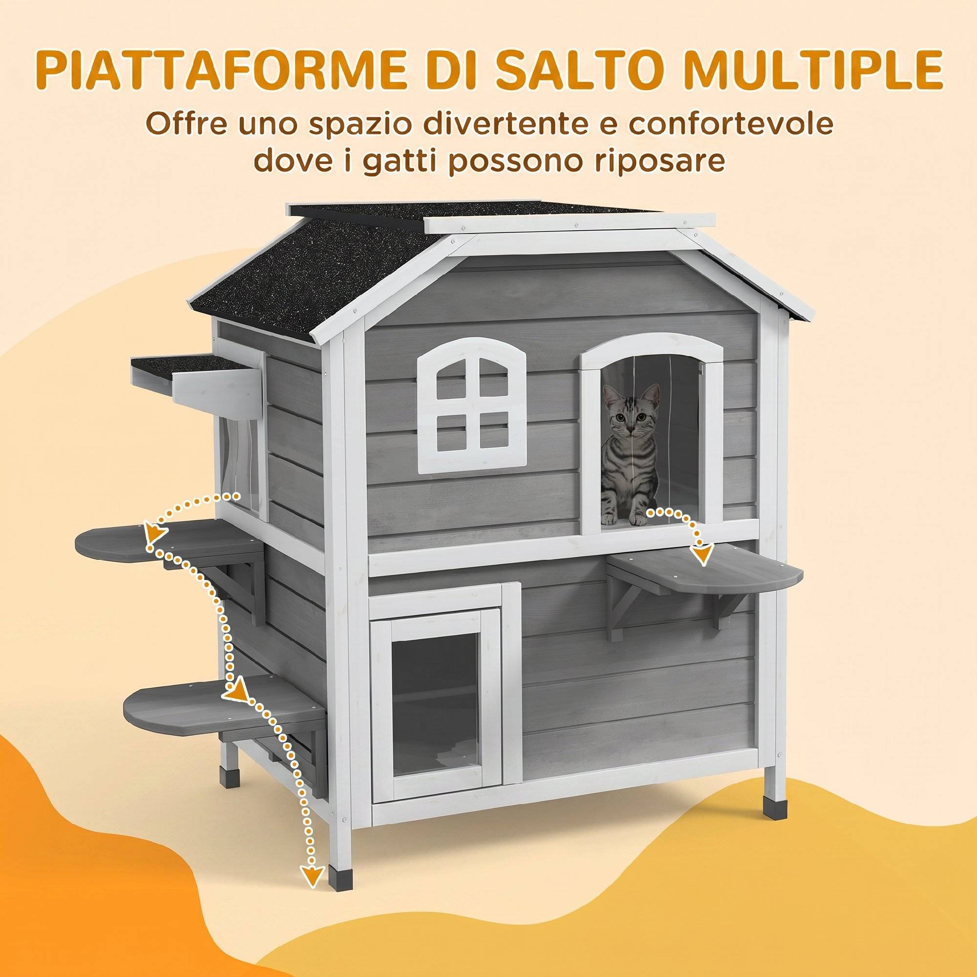 Sans Marque - Niche extérieure pour chat avec toit ouvrant, 2 niveaux, 4 entrées, base surélevée, en bois de sapin, grise - Image 9