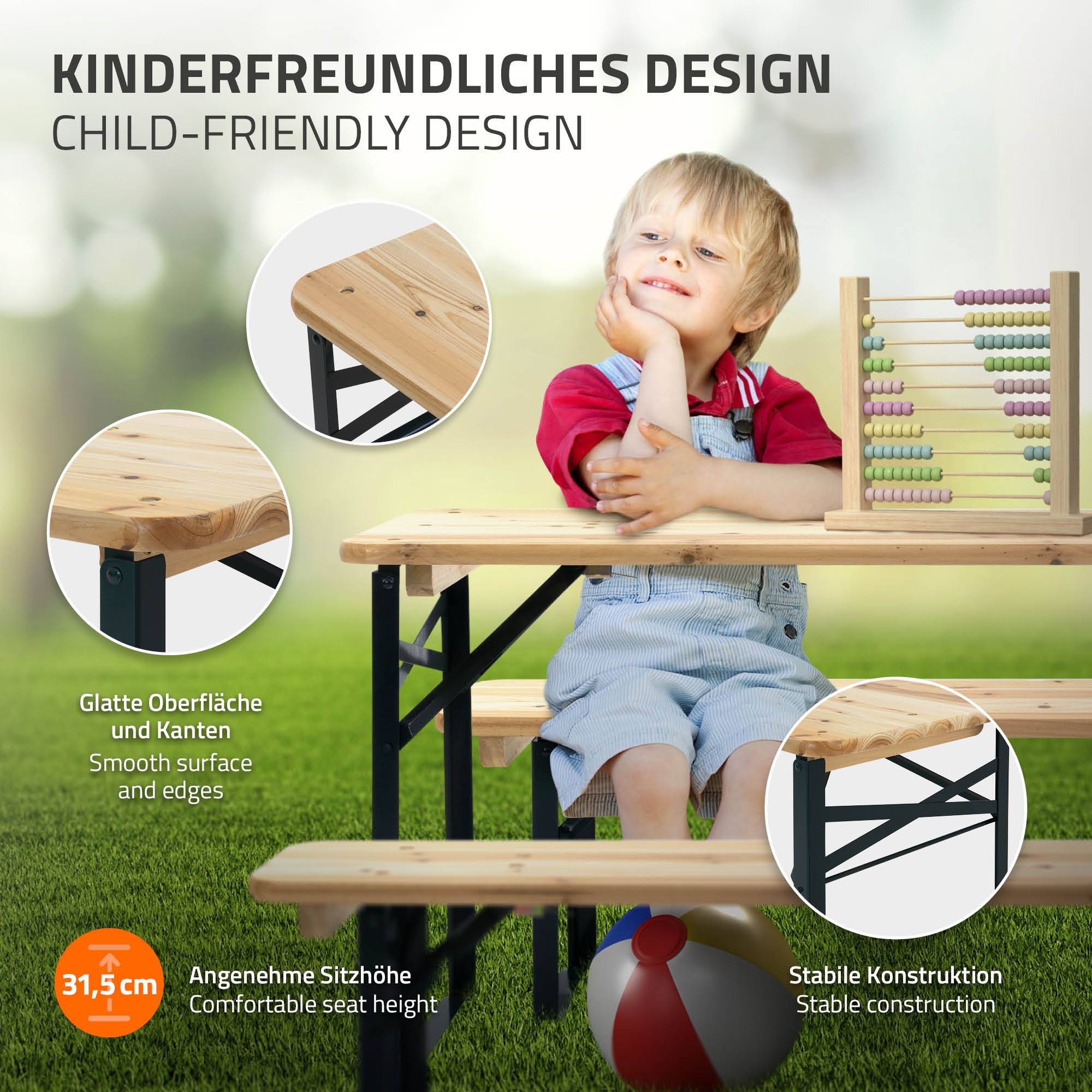 Ensemble de meubles pour enfants brun natural en bois de sapin en comprenant 2 bancs et une table de pique-nique avec 4 places ideal pour le jardín - Image 3