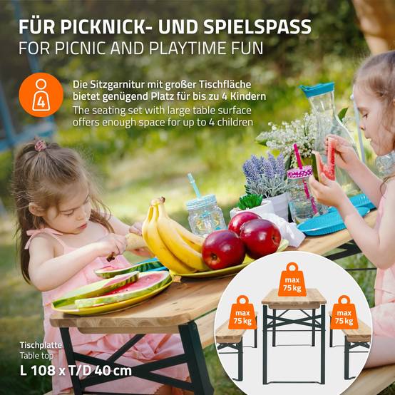 Ensemble de meubles pour enfants brun natural en bois de sapin en comprenant 2 bancs et une table de pique-nique avec 4 places ideal pour le jardín - Image 4