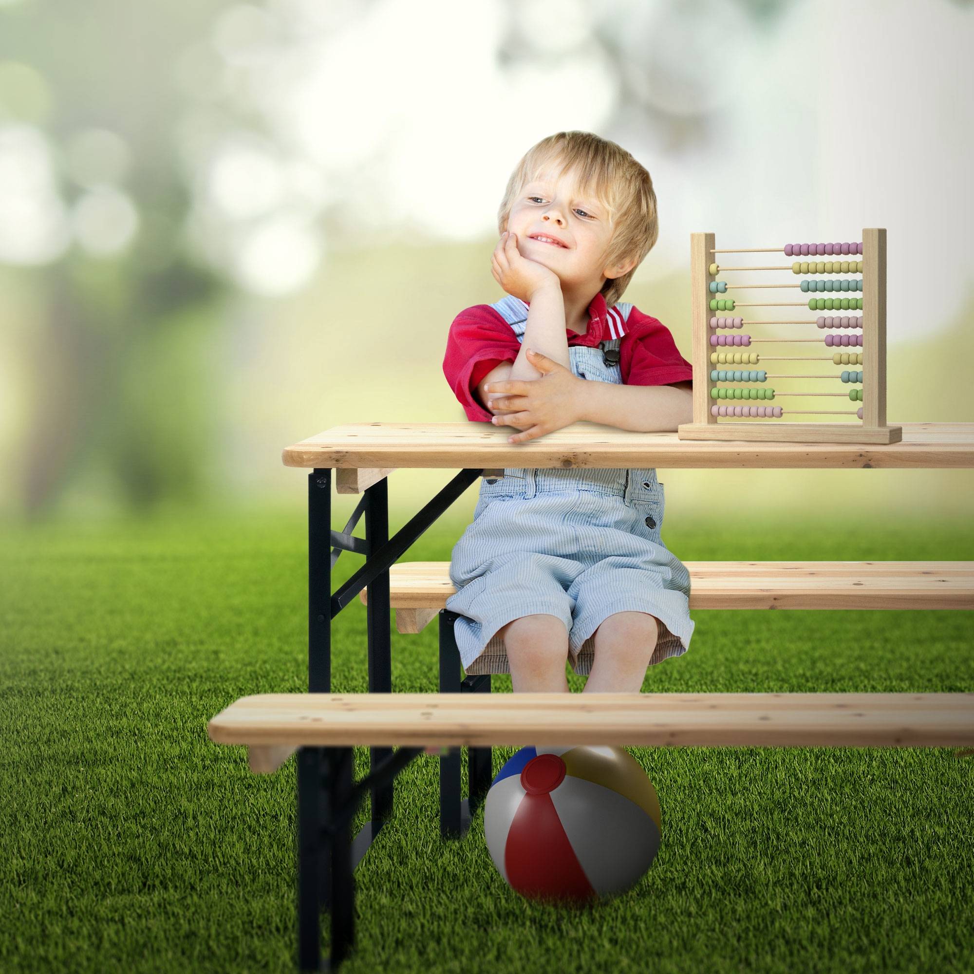 Ensemble de meubles pour enfants brun natural en bois de sapin en comprenant 2 bancs et une table de pique-nique avec 4 places ideal pour le jardín - Image 8