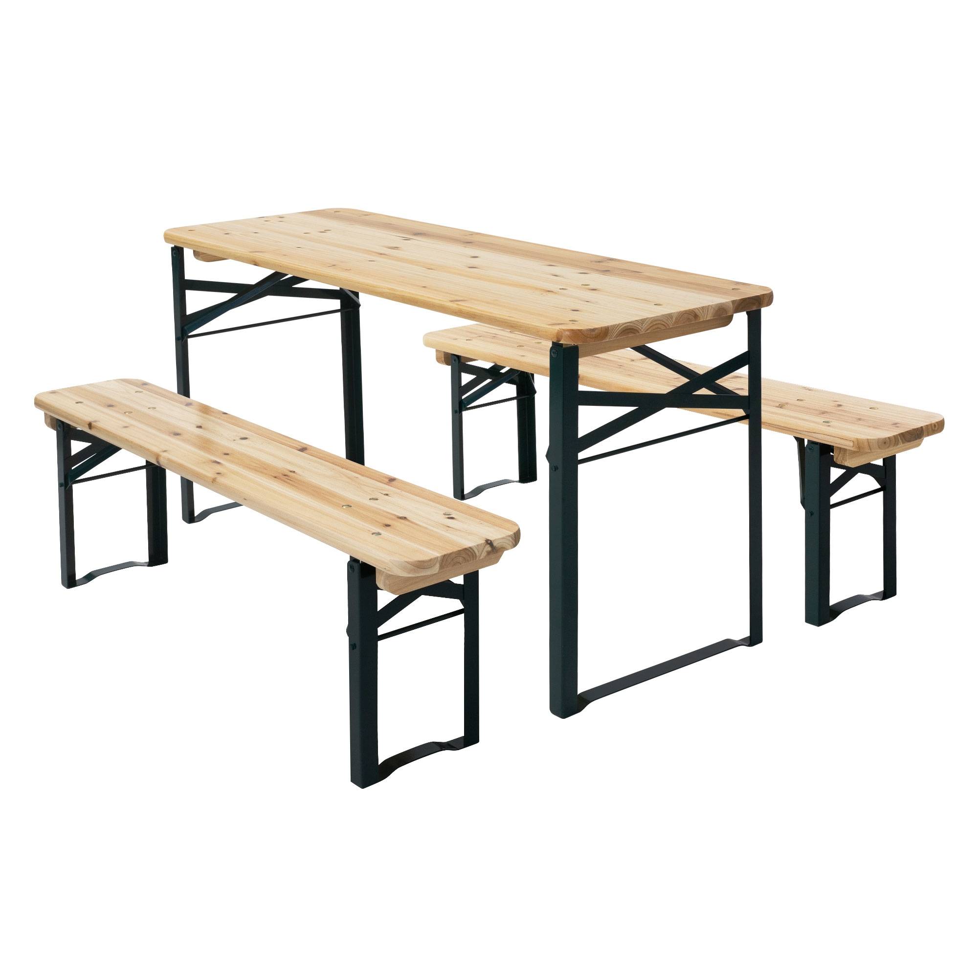 Ensemble de meubles pour enfants brun natural en bois de sapin en comprenant 2 bancs et une table de pique-nique avec 4 places ideal pour le jardín - Image 1