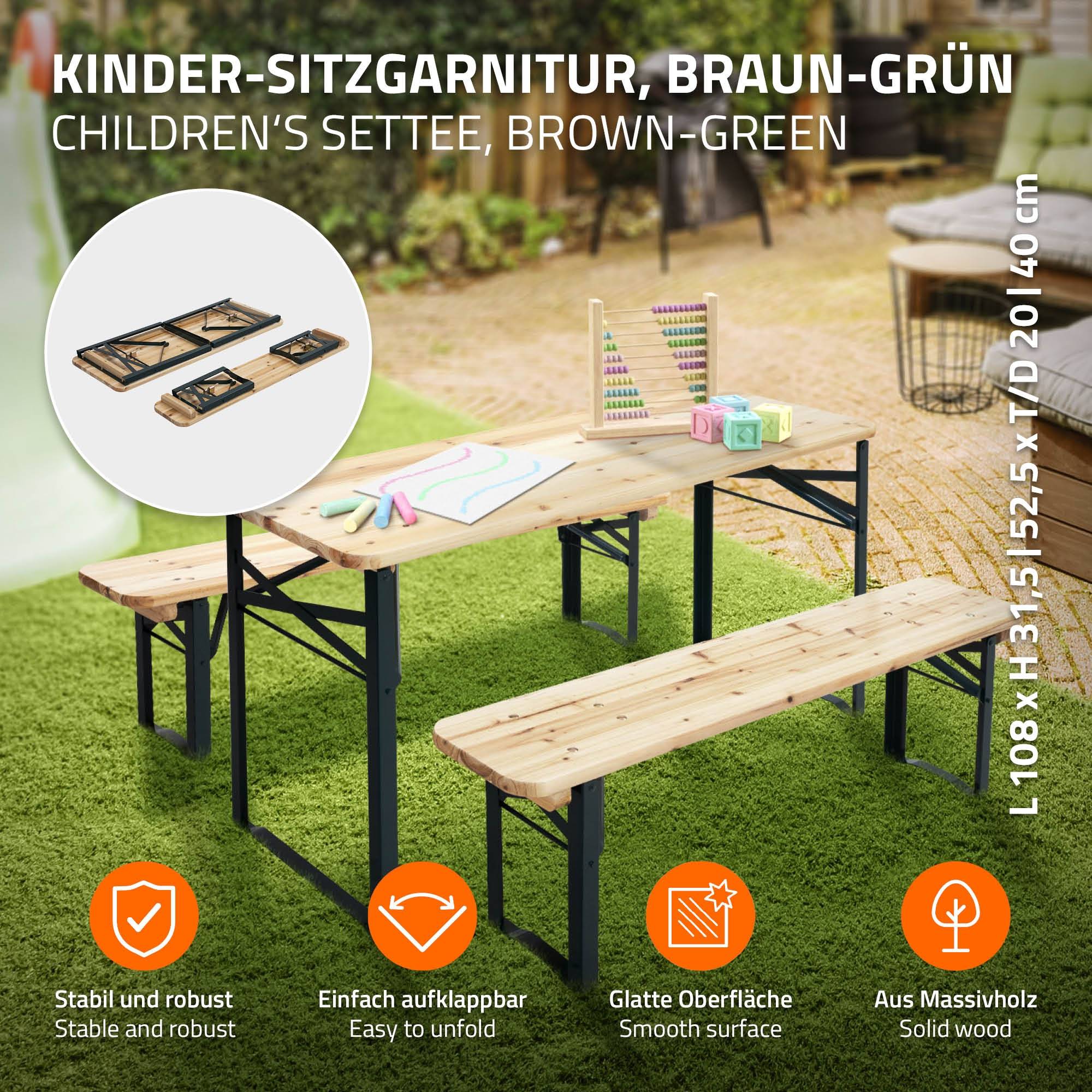 Ensemble de meubles pour enfants brun natural en bois de sapin en comprenant 2 bancs et une table de pique-nique avec 4 places ideal pour le jardín - Image 2