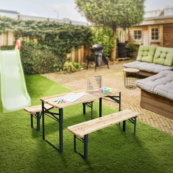 Ensemble de meubles pour enfants brun natural en bois de sapin en comprenant 2 bancs et une table de pique-nique avec 4 places ideal pour le jardín - Image 7