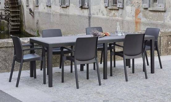 Dmora - Table d'extérieur Dmains, Etagère à manger rectangulaire extensible, Table de jardin extensible effet rotin, 150/220x90h72 cm, Anthracite - Dmora - Image 2