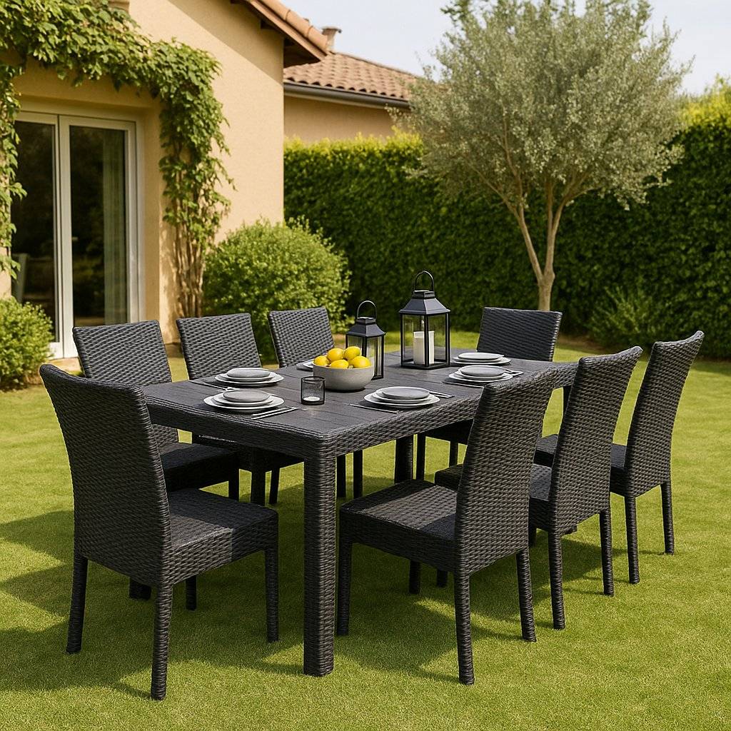 Dmora - Table d'extérieur Dmains, Etagère à manger rectangulaire extensible, Table de jardin extensible effet rotin, 150/220x90h72 cm, Anthracite - Dmora - Image 8