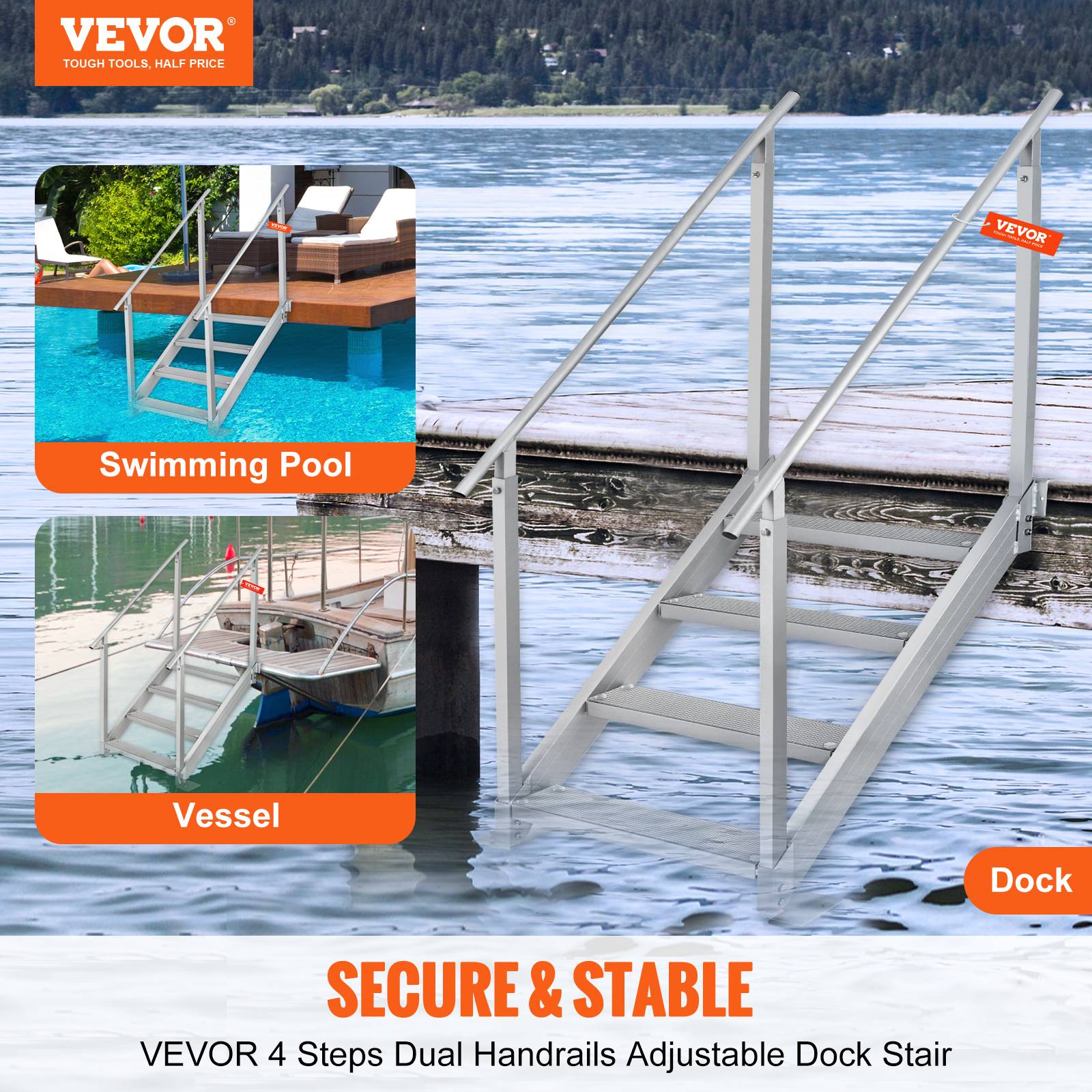Vevor - VEVOR Échelle de quai hauteur réglable 75-96cm, 4 marches aluminium, charge 226kg, pour bateaux, piscines. - Image 2