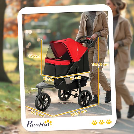 Poussette pour chien chariot pliable 3 roues tout-terrain EVA 12" auvent ajustable 2 laisses 109,5x57,5x106,5cm rouge - Image 5