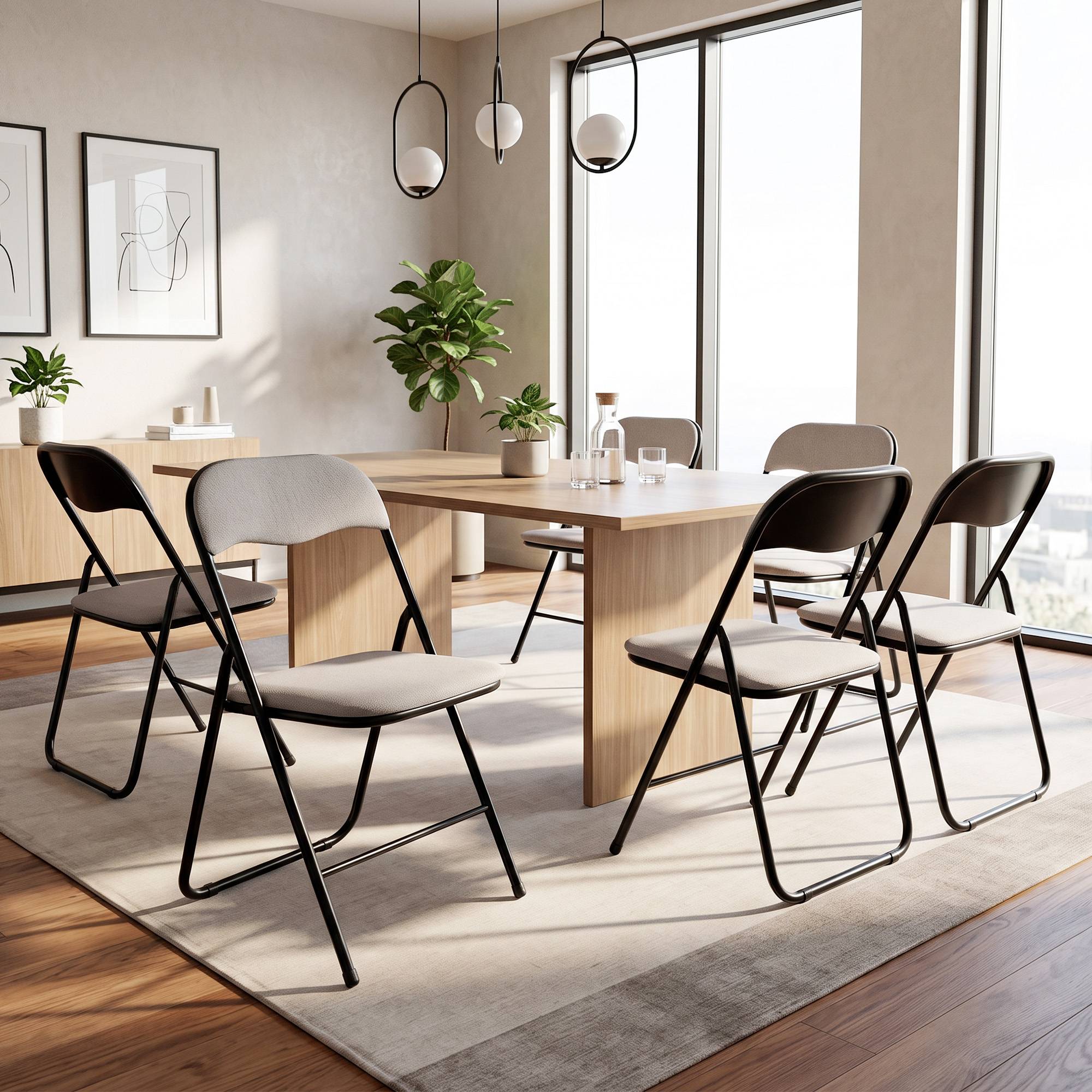 Sicaan Lot de 6 chaises pliantes rembourrées en tissu gris et pieds métal noir - GRETA - Image 1