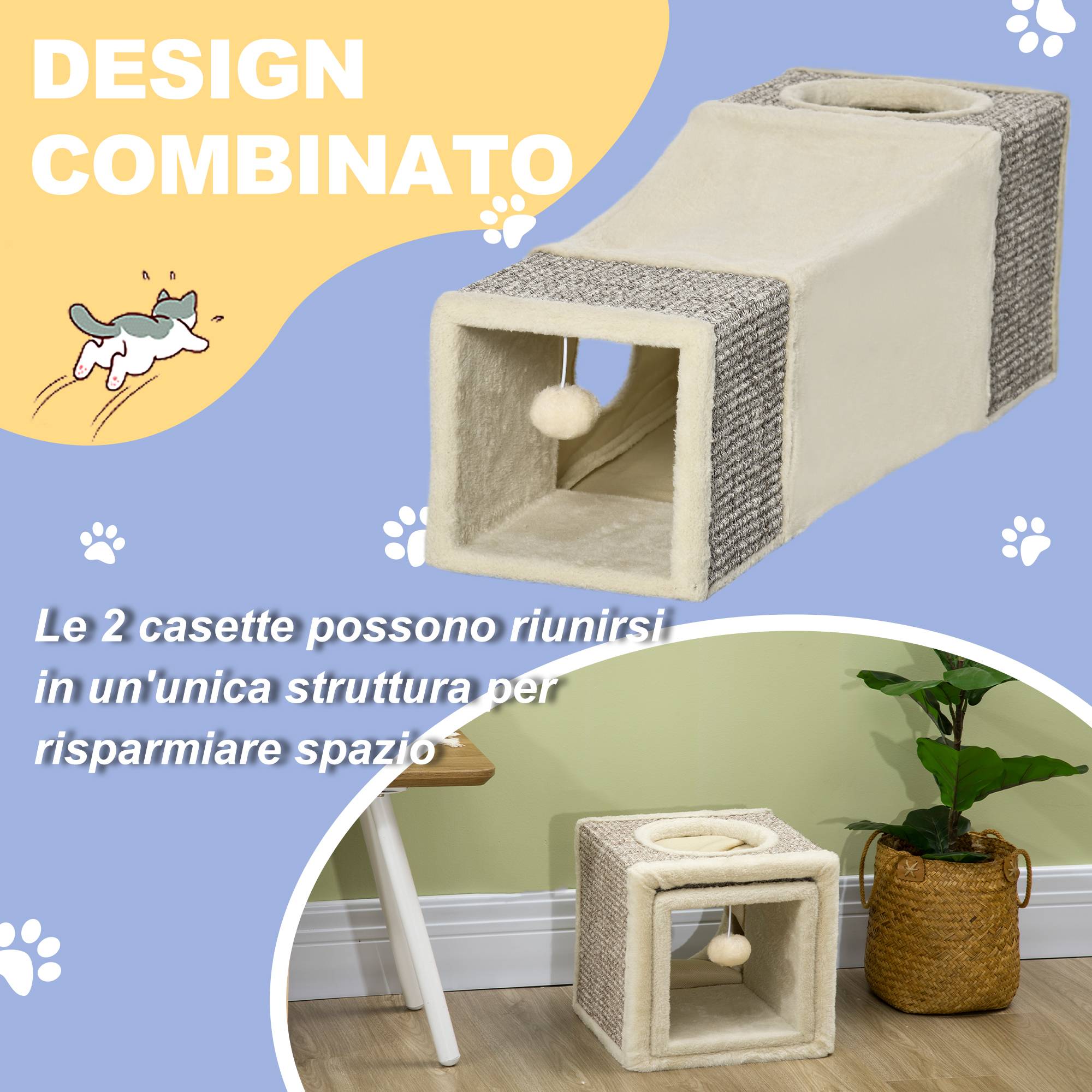 Tunnel chat pliable jeu intérieur griffoir sisal peluche balle 98x30cm crème - ComfortXL Outdoor Living - Image 6