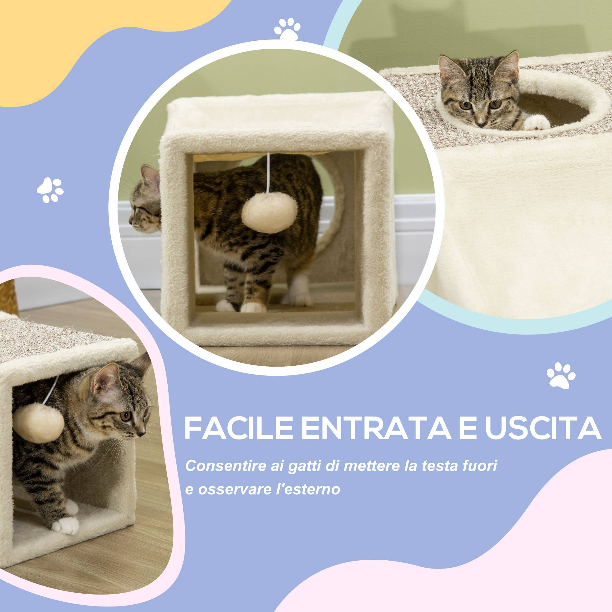 Tunnel chat pliable jeu intérieur griffoir sisal peluche balle 98x30cm crème - ComfortXL Outdoor Living - Image 8