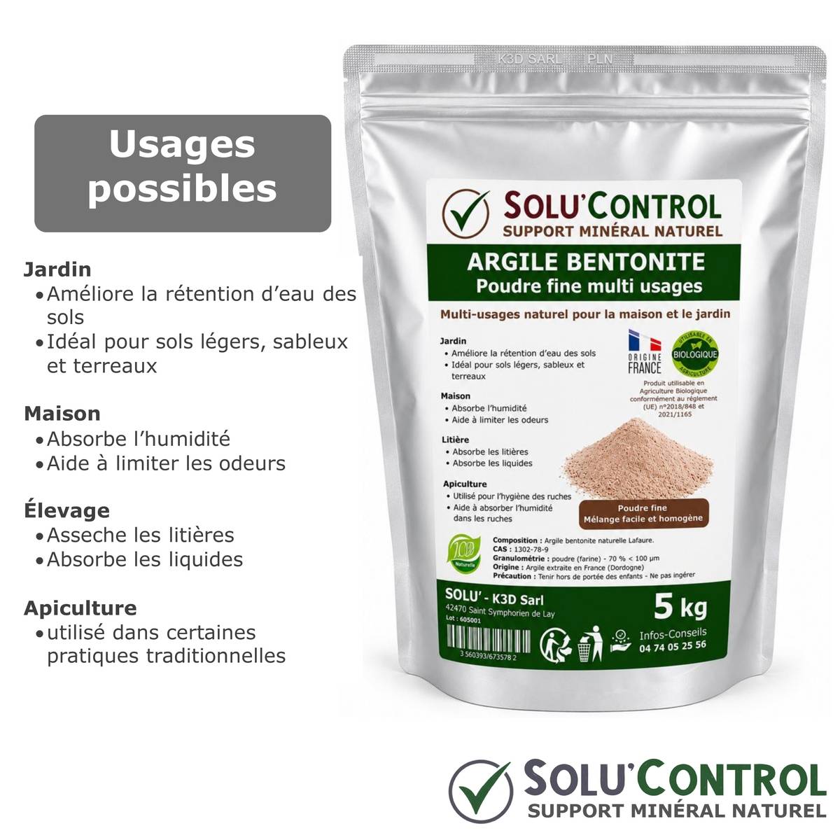 Tout pour les nuisibles - Argile Bentonite Naturelle en Poudre 5 Kg SOLU'CONTROL – Pouvoir Absorbant – Rétention d'Eau – Jardin, Terreau, Sols Sableux, Humidité et Litière - Image 2