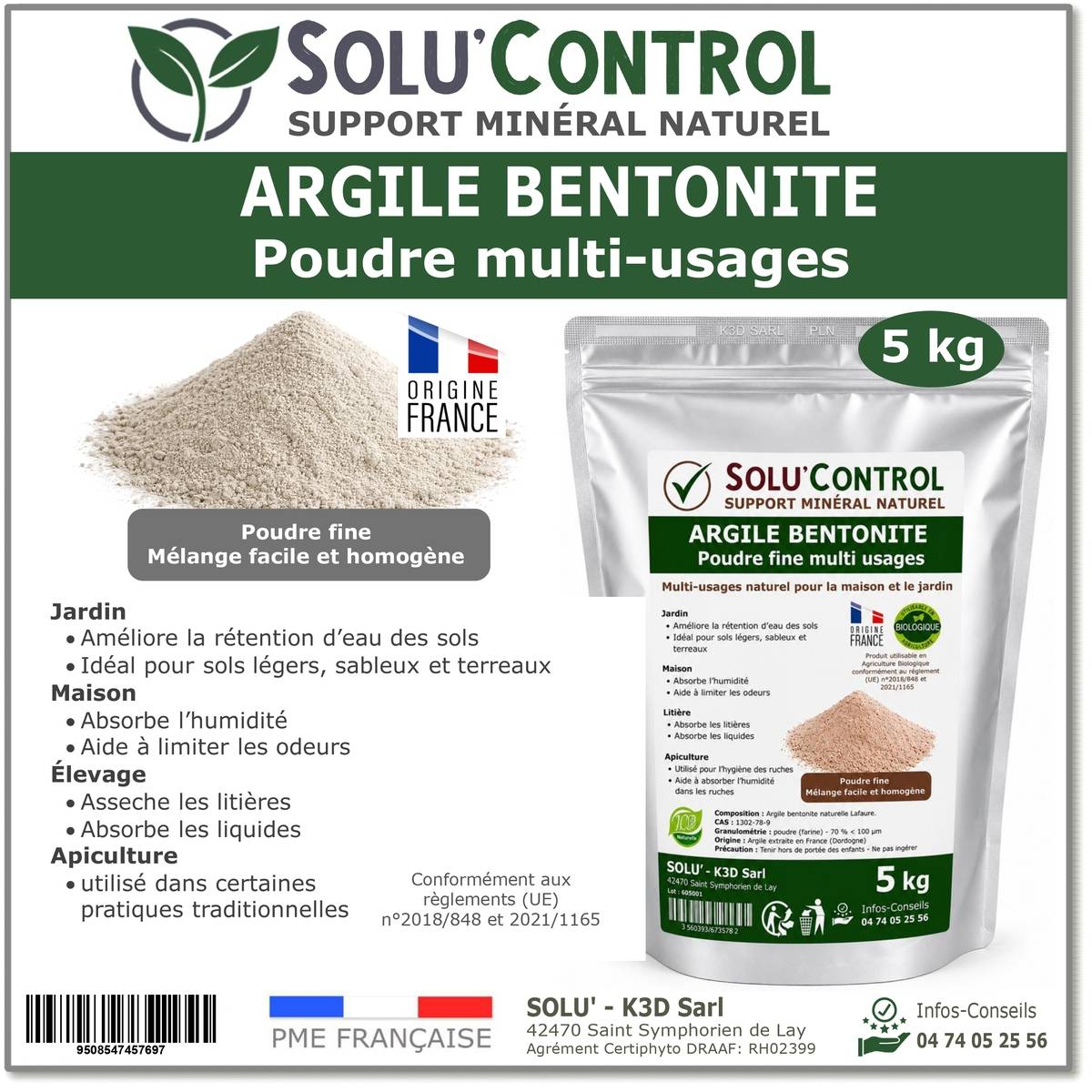 Tout pour les nuisibles - Argile Bentonite Naturelle en Poudre 5 Kg SOLU'CONTROL – Pouvoir Absorbant – Rétention d'Eau – Jardin, Terreau, Sols Sableux, Humidité et Litière - Image 1