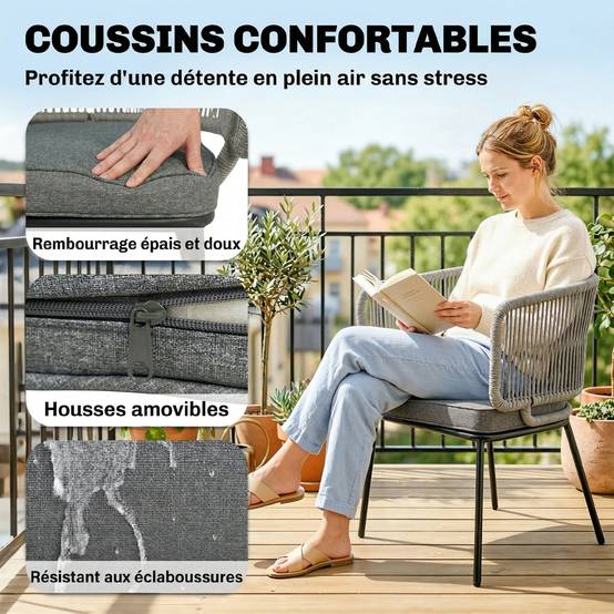 Sans Marque - Lot de 2 Fauteuils de Jardin, Dossier et Accoudoirs en Corde Résine Tressée, Coussins Amovibles, 46x58x72cm, Gris Clair - Image 8