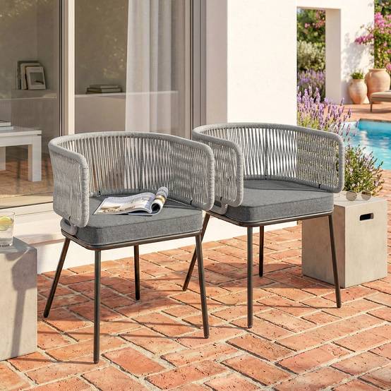 Sans Marque - Lot de 2 Fauteuils de Jardin, Dossier et Accoudoirs en Corde Résine Tressée, Coussins Amovibles, 46x58x72cm, Gris Clair - Image 4