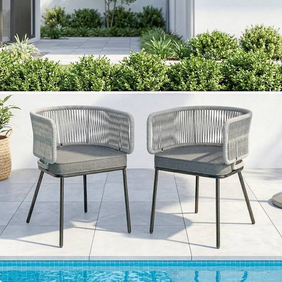 Sans Marque - Lot de 2 Fauteuils de Jardin, Dossier et Accoudoirs en Corde Résine Tressée, Coussins Amovibles, 46x58x72cm, Gris Clair - Image 3