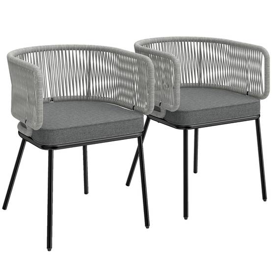 Sans Marque - Lot de 2 Fauteuils de Jardin, Dossier et Accoudoirs en Corde Résine Tressée, Coussins Amovibles, 46x58x72cm, Gris Clair - Image 2