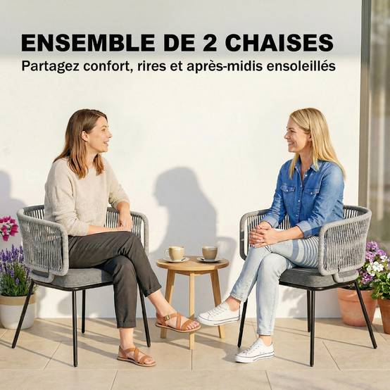 Sans Marque - Lot de 2 Fauteuils de Jardin, Dossier et Accoudoirs en Corde Résine Tressée, Coussins Amovibles, 46x58x72cm, Gris Clair - Image 6