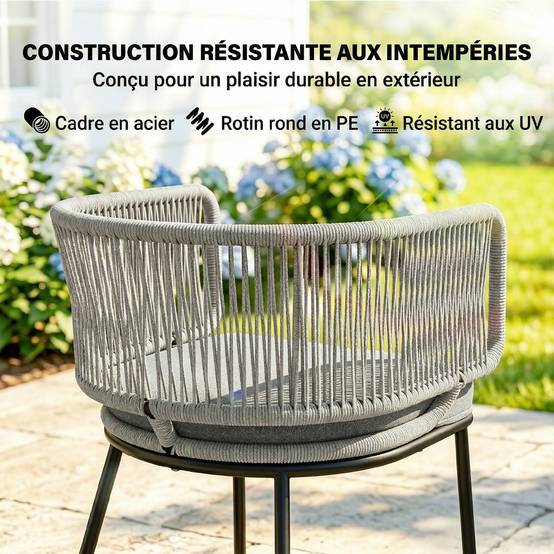 Sans Marque - Lot de 2 Fauteuils de Jardin, Dossier et Accoudoirs en Corde Résine Tressée, Coussins Amovibles, 46x58x72cm, Gris Clair - Image 7