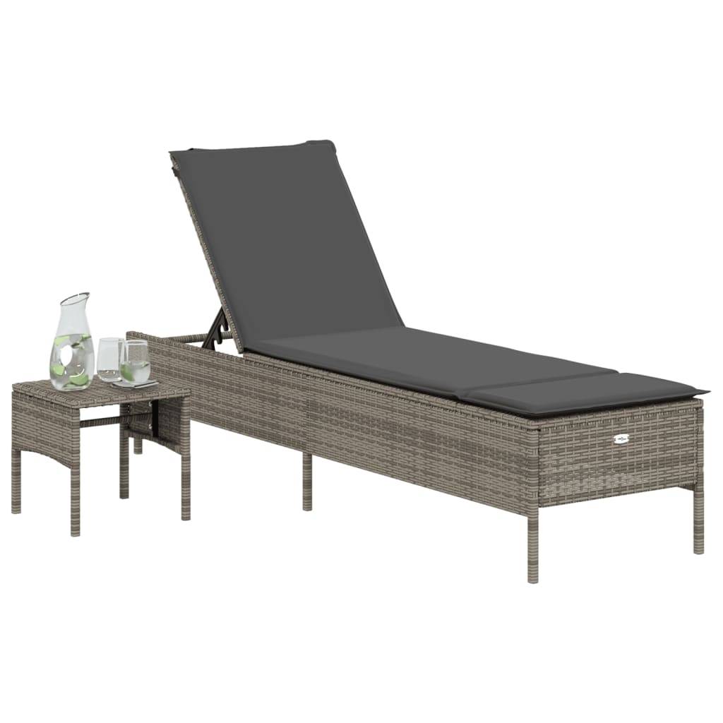 Maison Chic - Chaise longue | Transat | Bain de soleil avec table et coussin gris résine tressée - Image 3