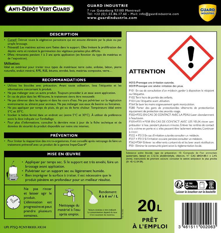 Anti Dépôt Vert Guard 4 X 5 L 20L Pierre Tuile Zinc Bois Nettoie Traces Vertes Moisi Algue Rouge Lichen Traite 120m2 - Image 6