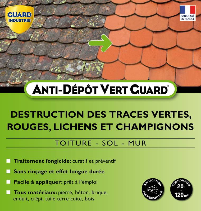 Anti Dépôt Vert Guard 4 X 5 L 20L Pierre Tuile Zinc Bois Nettoie Traces Vertes Moisi Algue Rouge Lichen Traite 120m2 - Image 2