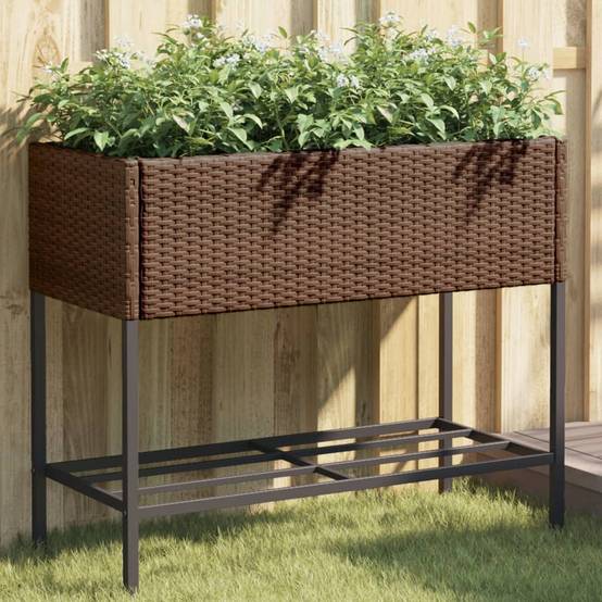 Jardinière, Bac à fleurs, Pot de fleurs avec étagère marron résine tressée - Image 2