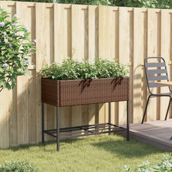 Jardinière, Bac à fleurs, Pot de fleurs avec étagère marron résine tressée - Image 3