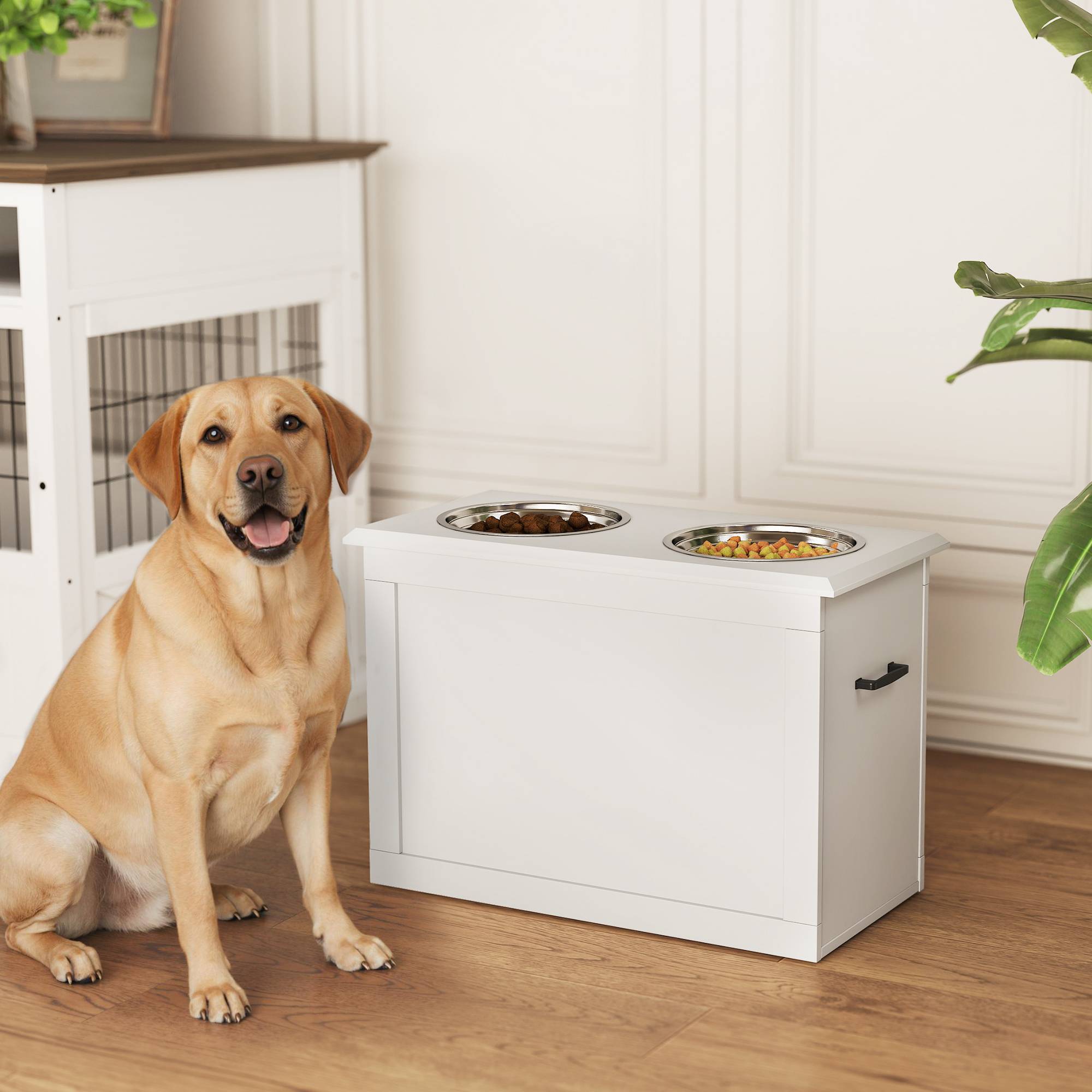 Sans Marque - Gamelles surélevées pour grands chiens, support en MDF avec 2 gamelles en acier inoxydable, 60 x 30 x 41 cm, blanc - Image 4