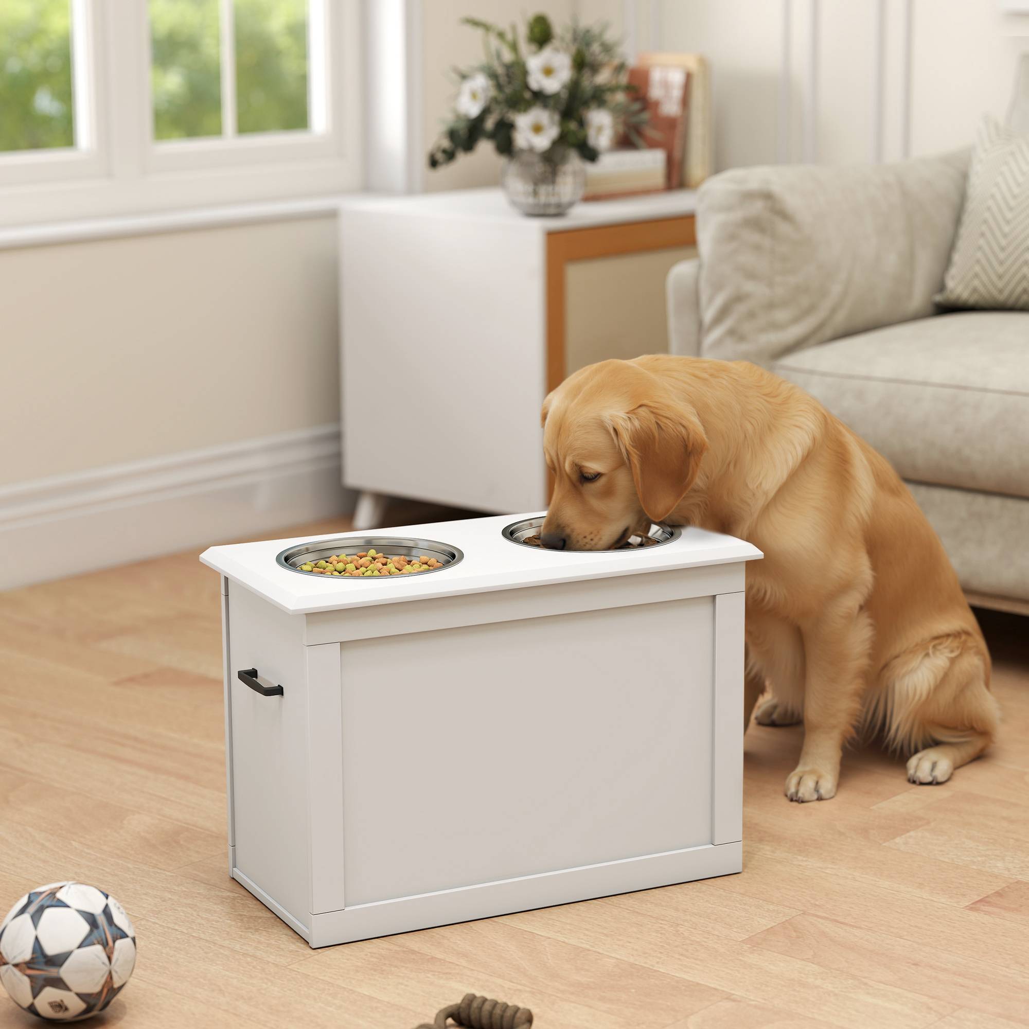 Sans Marque - Gamelles surélevées pour grands chiens, support en MDF avec 2 gamelles en acier inoxydable, 60 x 30 x 41 cm, blanc - Image 3