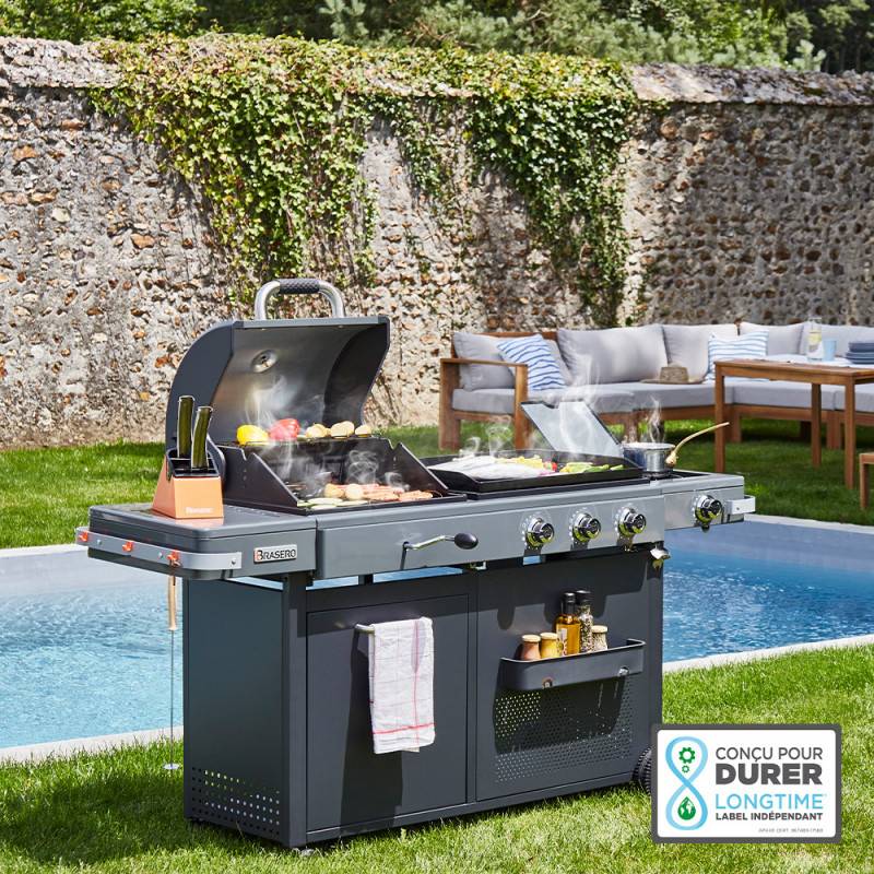 Brasero - Barbecue Plancha Bi-Energy XL Gaz & Charbon – BRASERO BY FAVEX - 3 brûleurs 10,8 kW – 14 convives – Housse + Kit spatules inclus - Image 2
