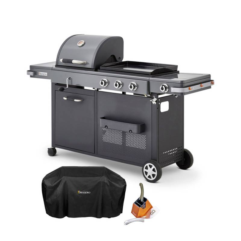 Brasero - Barbecue Plancha Bi-Energy XL Gaz & Charbon – BRASERO BY FAVEX - 3 brûleurs 10,8 kW – 14 convives – Housse + Kit spatules inclus - Image 1