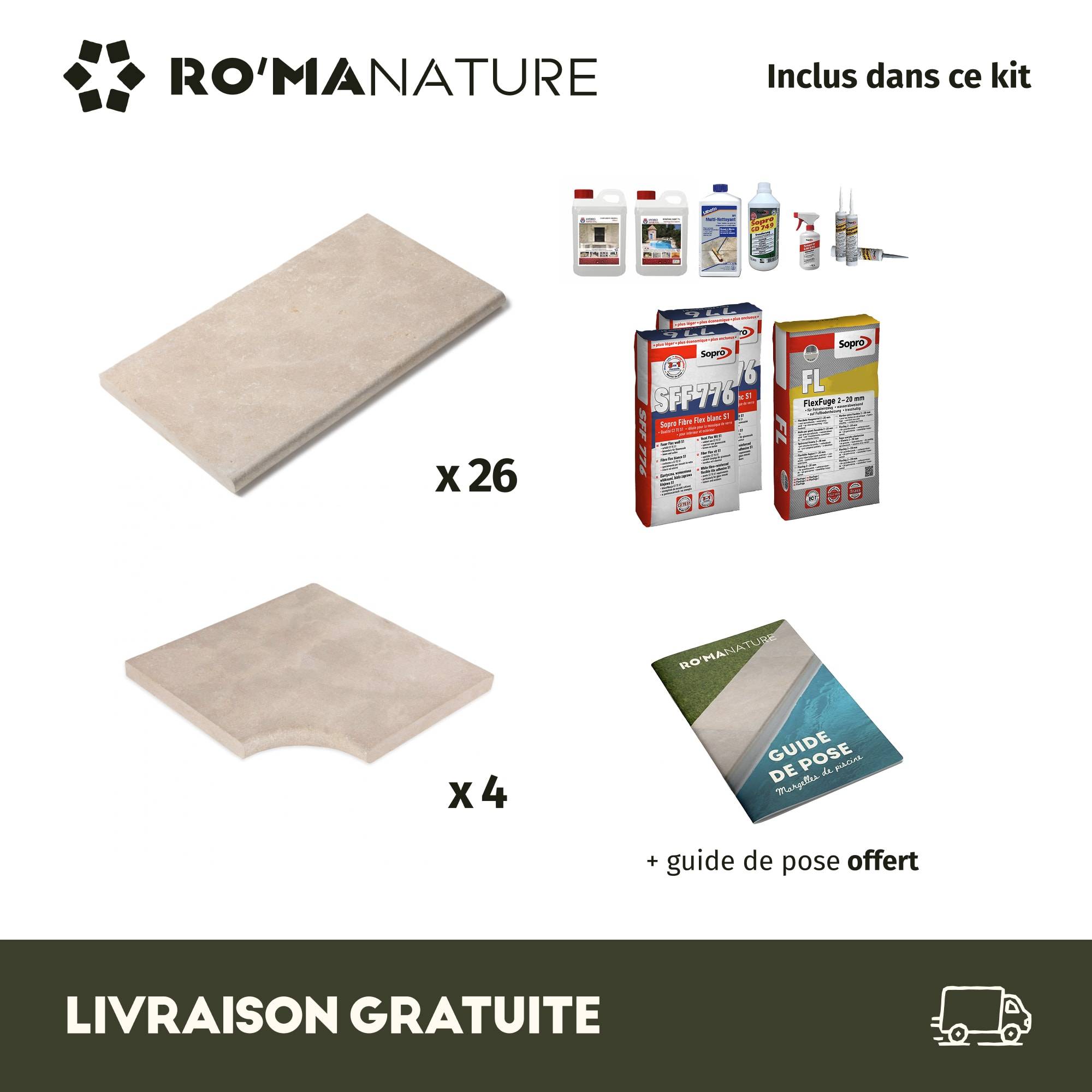 RO'MA Nature - KIT COMPLET - Margelles pour piscine 4x4m en Pierre Atlas Beige (avec colle, joint, hydrofuge ...) - RO'MA NATURE - Image 3